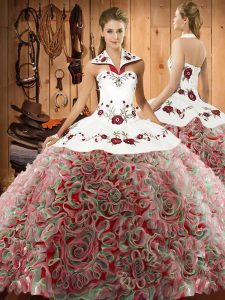 Fancy Sleeveless Sweep Train Lace Up Embroidery Sweet 16 Dress