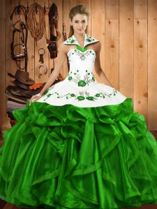 Affordable Sleeveless Satin and Organza Floor Length Lace Up Quinceanera Dresses in Green with Embroidery and Ruffles