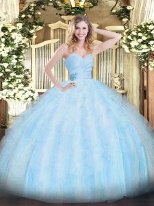 Light Blue Ball Gowns Sweetheart Sleeveless Organza Floor Length Lace Up Beading and Ruffles Ball Gown Prom Dress