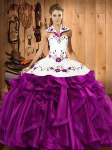 Free and Easy Eggplant Purple Sleeveless Embroidery and Ruffles Floor Length Sweet 16 Dresses