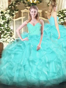 Latest Aqua Blue Ball Gowns Ruffles Sweet 16 Dress Zipper Organza Sleeveless Floor Length
