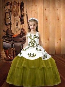 Most Popular Olive Green Pageant Dress for Teens Sweet 16 and Quinceanera with Embroidery Straps Sleeveless Lace Up