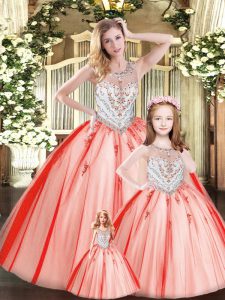 Red Ball Gowns Tulle Scoop Sleeveless Beading Floor Length Lace Up 15 Quinceanera Dress