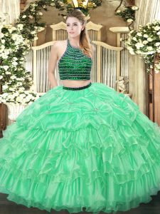 Artistic Apple Green Halter Top Neckline Beading and Ruffled Layers Quince Ball Gowns Sleeveless Zipper