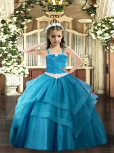 Baby Blue Ball Gowns Straps Sleeveless Tulle Floor Length Lace Up Appliques and Ruffled Layers Kids Formal Wear