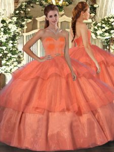 Beauteous Orange Red Organza Lace Up Sweetheart Sleeveless Floor Length Quince Ball Gowns Beading and Ruffled Layers