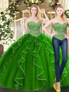 Sleeveless Organza Floor Length Lace Up Vestidos de Quinceanera in Green with Beading and Ruffles