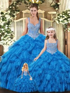 Teal Ball Gowns Tulle Scoop Sleeveless Beading and Ruffles Floor Length Lace Up Quinceanera Gown