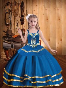 Classical Blue Straps Neckline Embroidery and Ruffled Layers Pageant Dress for Teens Sleeveless Lace Up