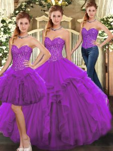 Colorful Purple Three Pieces Ruffles Vestidos de Quinceanera Lace Up Organza Sleeveless Floor Length