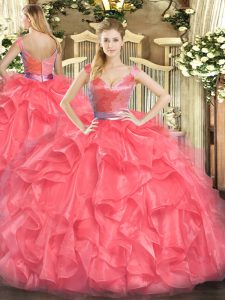 Best Coral Red Ball Gowns V-neck Sleeveless Tulle Floor Length Zipper Beading and Ruffles Ball Gown Prom Dress