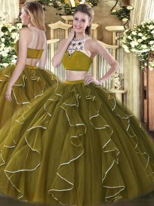 Olive Green Backless Vestidos de Quinceanera Beading and Ruffles Sleeveless Floor Length