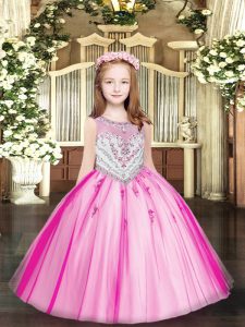 Luxurious Fuchsia Ball Gowns Beading and Appliques High School Pageant Dress Zipper Tulle Sleeveless Floor Length