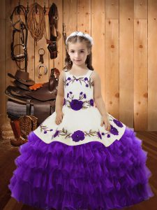 Eggplant Purple Organza Lace Up Straps Sleeveless Floor Length Kids Formal Wear Embroidery and Ruffled Layers