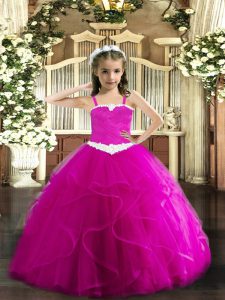 Fuchsia Lace Up Straps Appliques and Ruffles Winning Pageant Gowns Tulle Sleeveless