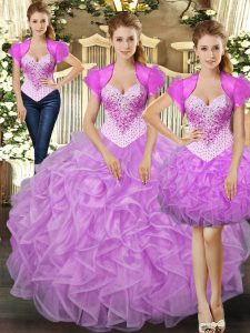 Fashionable Lilac Ball Gowns Beading and Ruffles Sweet 16 Quinceanera Dress Lace Up Tulle Sleeveless Floor Length