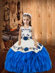 Sleeveless Beading and Ruffles Lace Up Little Girl Pageant Dress with Blue