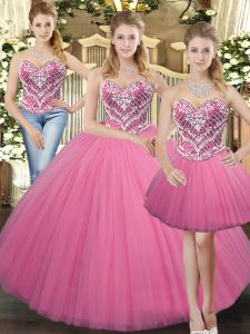Sweetheart Sleeveless Quinceanera Dresses Floor Length Beading Rose Pink Tulle
