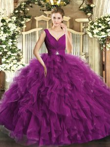 Fuchsia Backless V-neck Beading Quinceanera Gown Tulle Sleeveless
