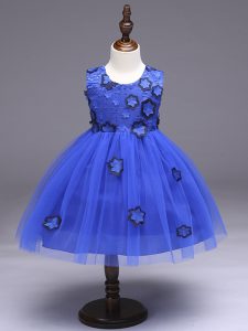 Royal Blue Ball Gowns Appliques and Bowknot Pageant Dress Zipper Tulle Sleeveless Knee Length