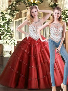 Cute Sleeveless Tulle Floor Length Zipper Quince Ball Gowns in Wine Red with Beading