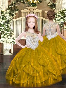 Brown Tulle Zipper Little Girls Pageant Gowns Sleeveless Floor Length Beading and Ruffles