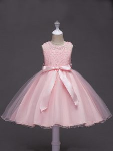 Excellent Baby Pink Zipper Kids Formal Wear Lace and Belt Sleeveless Knee Length