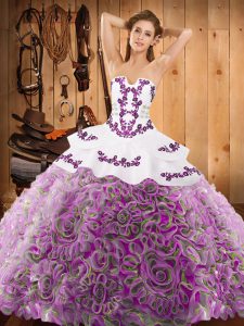Sweep Train Ball Gowns Quinceanera Gown Multi-color Strapless Satin and Fabric With Rolling Flowers Sleeveless With Train Lace Up