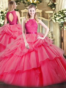 Coral Red Sleeveless Organza Zipper 15th Birthday Dress for Military Ball and Sweet 16 and Quinceanera