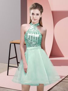 Sleeveless Chiffon Mini Length Backless Quinceanera Court Dresses in Apple Green with Sequins