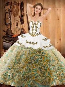 With Train Multi-color Ball Gown Prom Dress Satin and Fabric With Rolling Flowers Sweep Train Sleeveless Embroidery