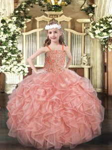 Perfect Floor Length Lace Up Custom Made Pageant Dress Pink for Party and Quinceanera with Beading and Ruffles