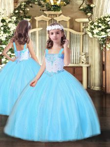 Aqua Blue Sleeveless Beading Floor Length Custom Made Pageant Dress