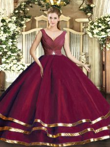 Burgundy Tulle Backless V-neck Sleeveless Floor Length 15th Birthday Dress Beading and Ruffled Layers and Ruching