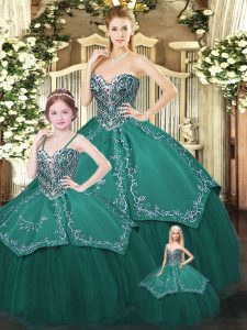 Dark Green Ball Gowns Sweetheart Sleeveless Satin and Tulle Floor Length Lace Up Embroidery Sweet 16 Quinceanera Dress