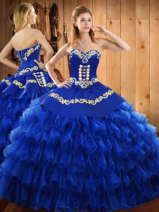 Blue Lace Up Sweetheart Embroidery and Ruffled Layers Sweet 16 Quinceanera Dress Satin and Organza Sleeveless