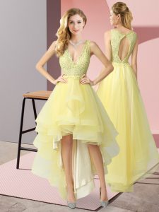 Clearance Yellow Backless Dama Dress for Quinceanera Beading and Lace Sleeveless High Low