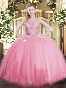 Floor Length Backless Quinceanera Dress Baby Pink for Military Ball and Sweet 16 and Quinceanera with Lace