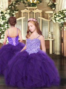 Low Price Sleeveless Tulle Floor Length Lace Up Pageant Dress Womens in Purple with Appliques and Ruffles