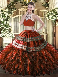 High-neck Sleeveless Sweet 16 Quinceanera Dress Floor Length Beading and Ruffles Rust Red Tulle