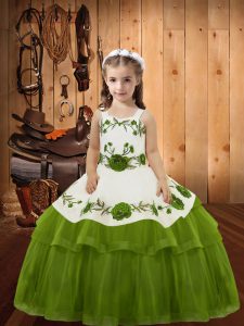 High End Olive Green Ball Gowns Organza Straps Sleeveless Embroidery and Ruffled Layers Floor Length Lace Up High School Pageant Dress