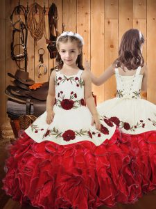 New Arrival Floor Length Red Pageant Dress for Girls Straps Sleeveless Lace Up