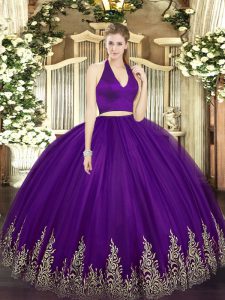 Glamorous Halter Top Sleeveless Zipper Quinceanera Dress Dark Purple Tulle