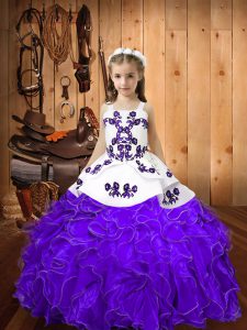 Elegant Straps Sleeveless Pageant Dress for Teens Floor Length Embroidery and Ruffles Eggplant Purple Organza