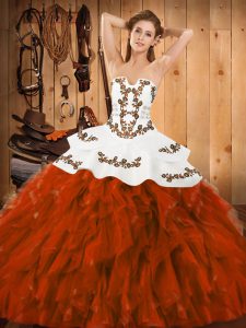 Rust Red Ball Gowns Strapless Sleeveless Satin and Organza Floor Length Lace Up Embroidery and Ruffles Quinceanera Dress