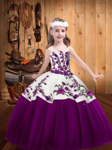 High Quality Eggplant Purple Tulle Lace Up Straps Sleeveless Floor Length Pageant Gowns For Girls Embroidery