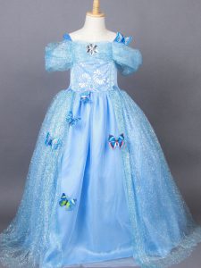 High End Short Sleeves Floor Length Appliques Side Zipper Little Girls Pageant Gowns with Light Blue