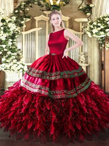 Lovely Satin and Organza Scoop Sleeveless Clasp Handle Ruffled Layers Vestidos de Quinceanera in Wine Red