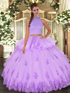 Lavender Tulle Backless Halter Top Sleeveless Floor Length Sweet 16 Quinceanera Dress Beading and Appliques and Ruffles