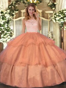 Scoop Sleeveless Clasp Handle Ball Gown Prom Dress Orange Organza